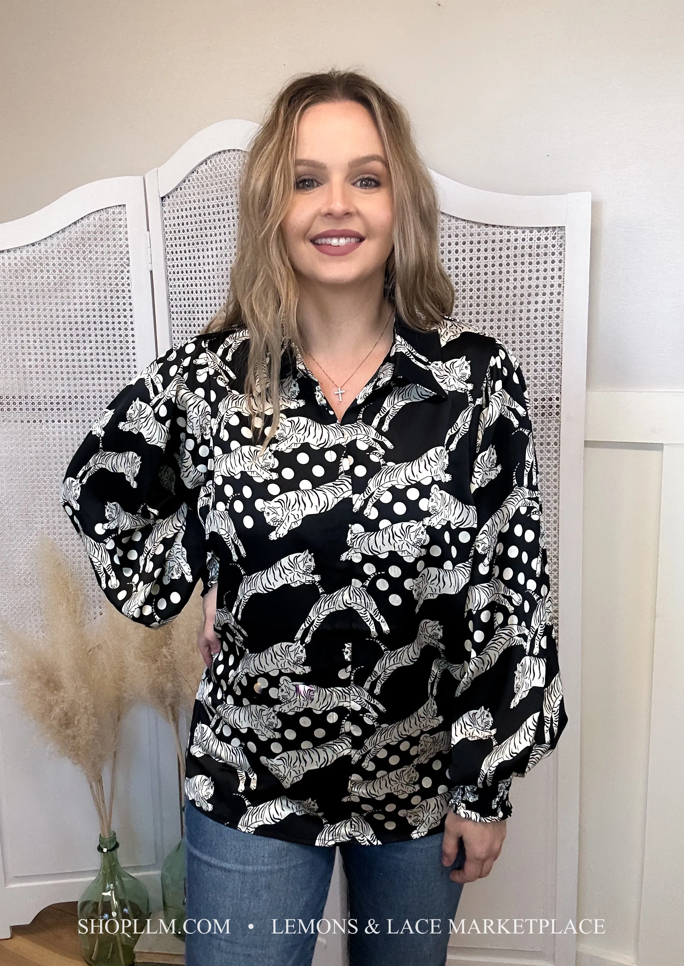 Long Sleeve Tiger Print Blouse