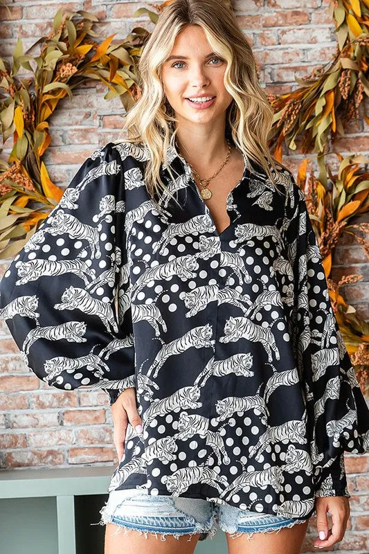 Long Sleeve Tiger Print Blouse