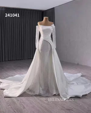 Luxury Mermaid Long Sleeve Wedding Dress Strapless Beaded Bridal Gowns 241041