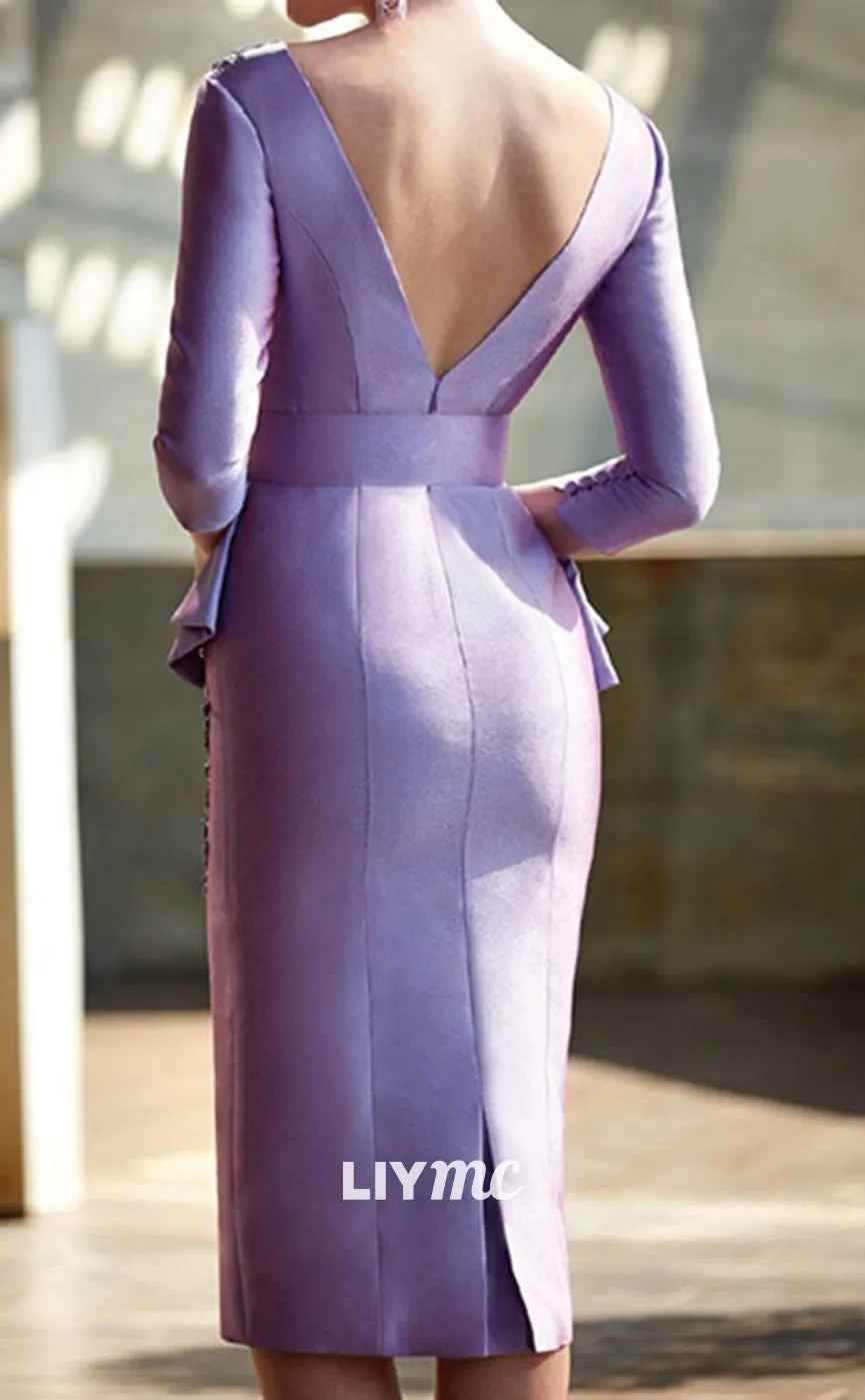 M1128 - Scoop Long Sleeves Sleek Satin Beaded Ruffled Mermaid Mother of Bride Wedding Guest Dress