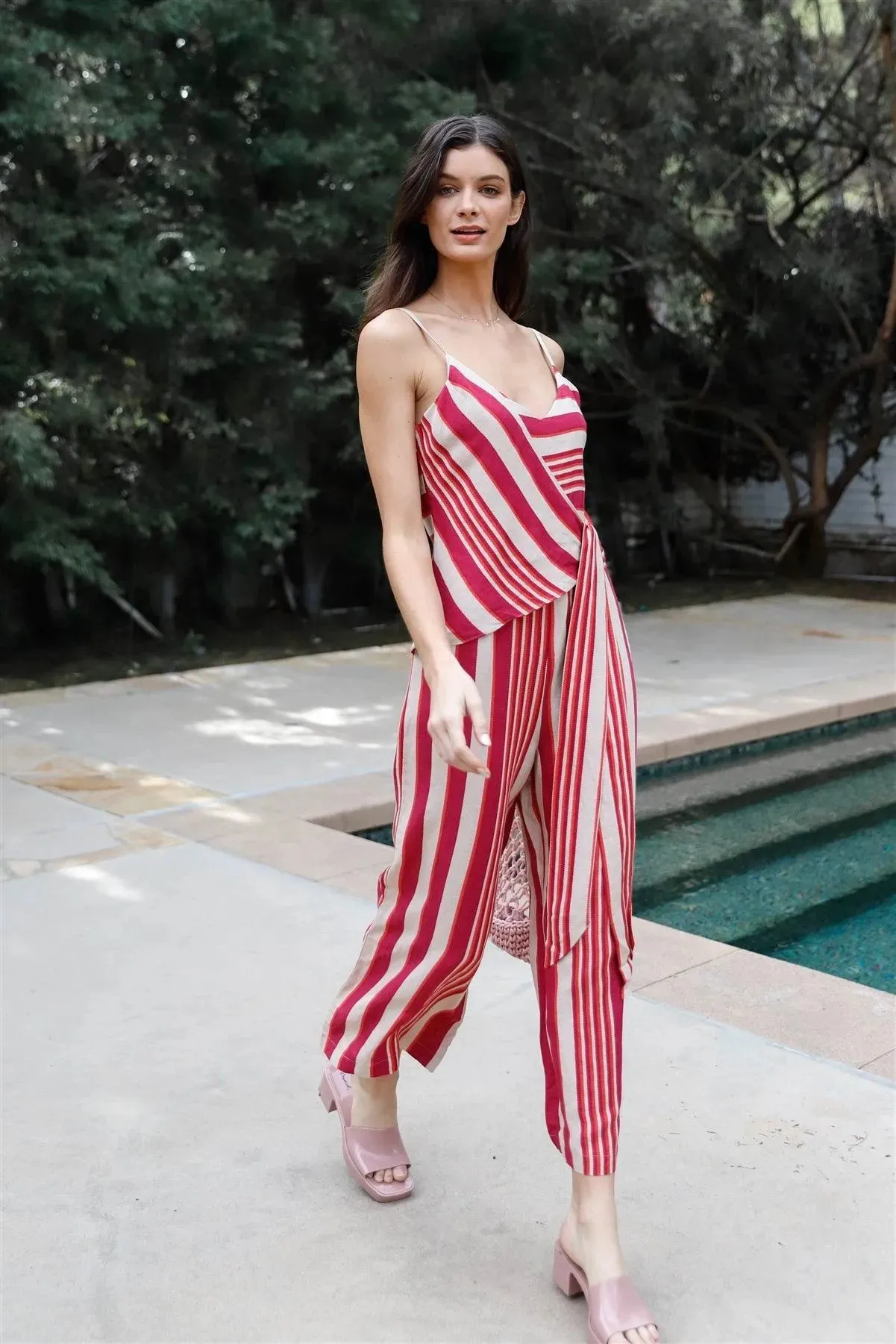Magenta Multi Color Stripe Front Wrap Self-Tie Detail Wide Leg Jumpsuit /1-2-2-1