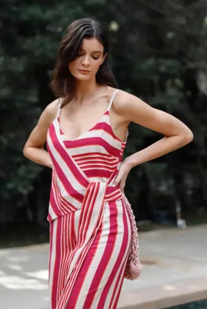 Magenta Multi Color Stripe Front Wrap Self-Tie Detail Wide Leg Jumpsuit /1-2-2-1