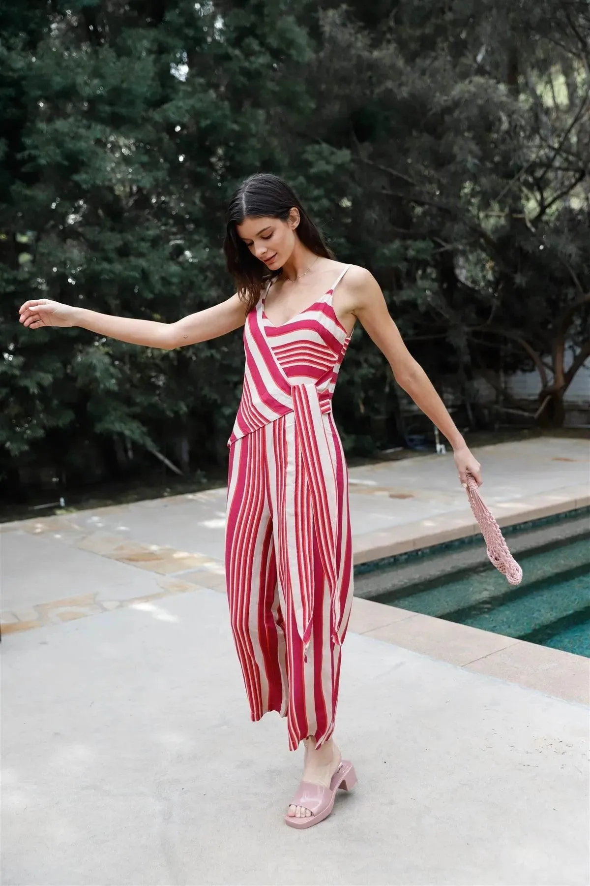 Magenta Multi Color Stripe Front Wrap Self-Tie Detail Wide Leg Jumpsuit /1-2-2-1