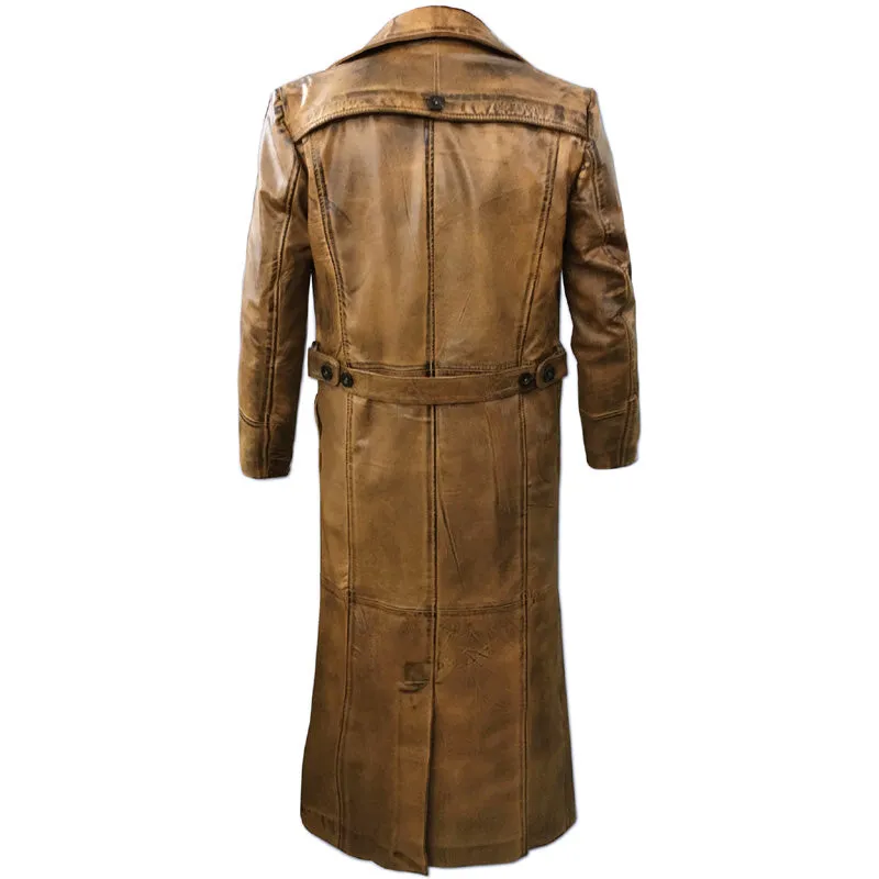 Mens Distressed Brown Leather Trench Coat