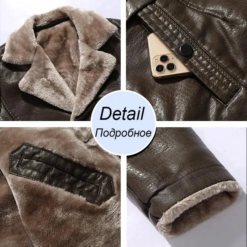 Men's Winter Long Thick Fleece PU Leather Jacket - Fashionable Windbreaker with Suit Collar