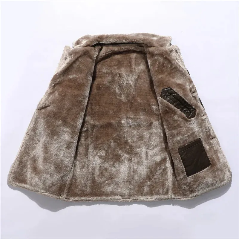 Men's Winter Long Thick Fleece PU Leather Jacket - Fashionable Windbreaker with Suit Collar