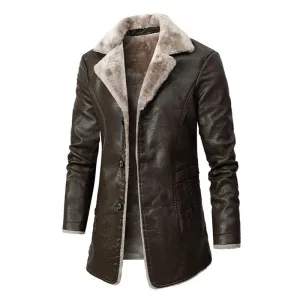Men's Winter Long Thick Fleece PU Leather Jacket - Fashionable Windbreaker with Suit Collar