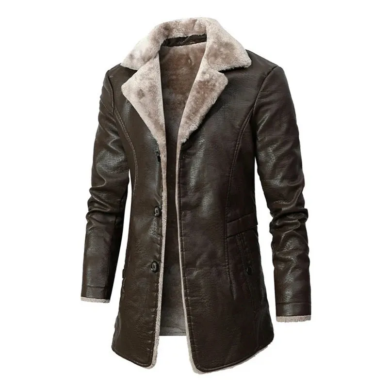 Men's Winter Long Thick Fleece PU Leather Jacket - Fashionable Windbreaker with Suit Collar