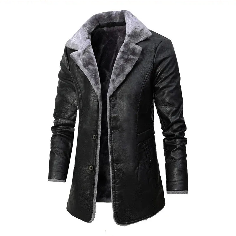 Men's Winter Long Thick Fleece PU Leather Jacket - Fashionable Windbreaker with Suit Collar