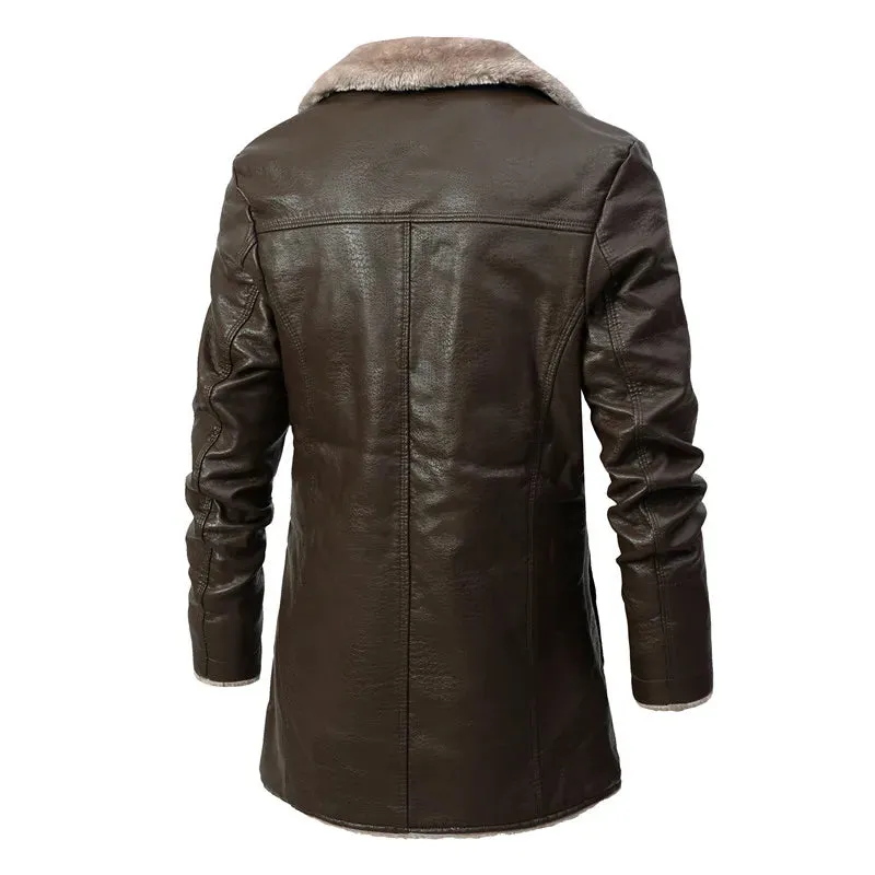 Men's Winter Long Thick Fleece PU Leather Jacket - Fashionable Windbreaker with Suit Collar
