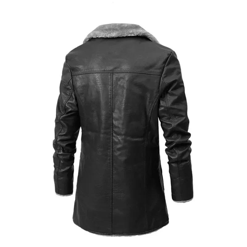 Men's Winter Long Thick Fleece PU Leather Jacket - Fashionable Windbreaker with Suit Collar