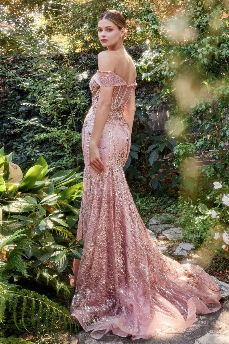 OFF THE SHOULDER LACE FIT AND FLARE GOWN CDA1107