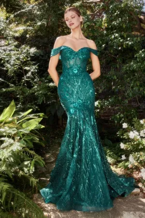 OFF THE SHOULDER LACE FIT AND FLARE GOWN CDA1107