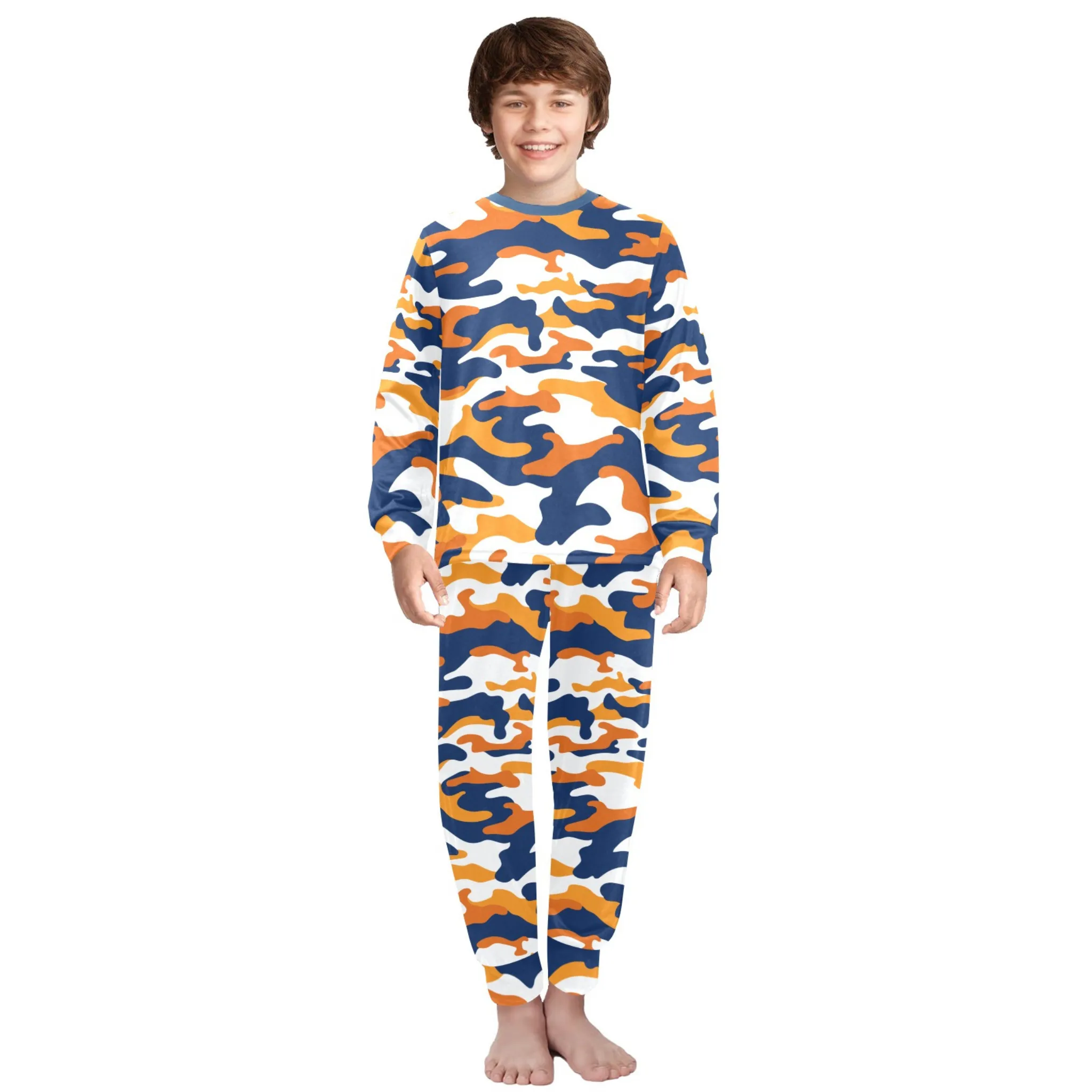 Orange Camo Boys' Pajama Set |  | Crew Neck Long Pajama Set | Soft Long Sleeve Sleepwear for Lounging and Relaxing