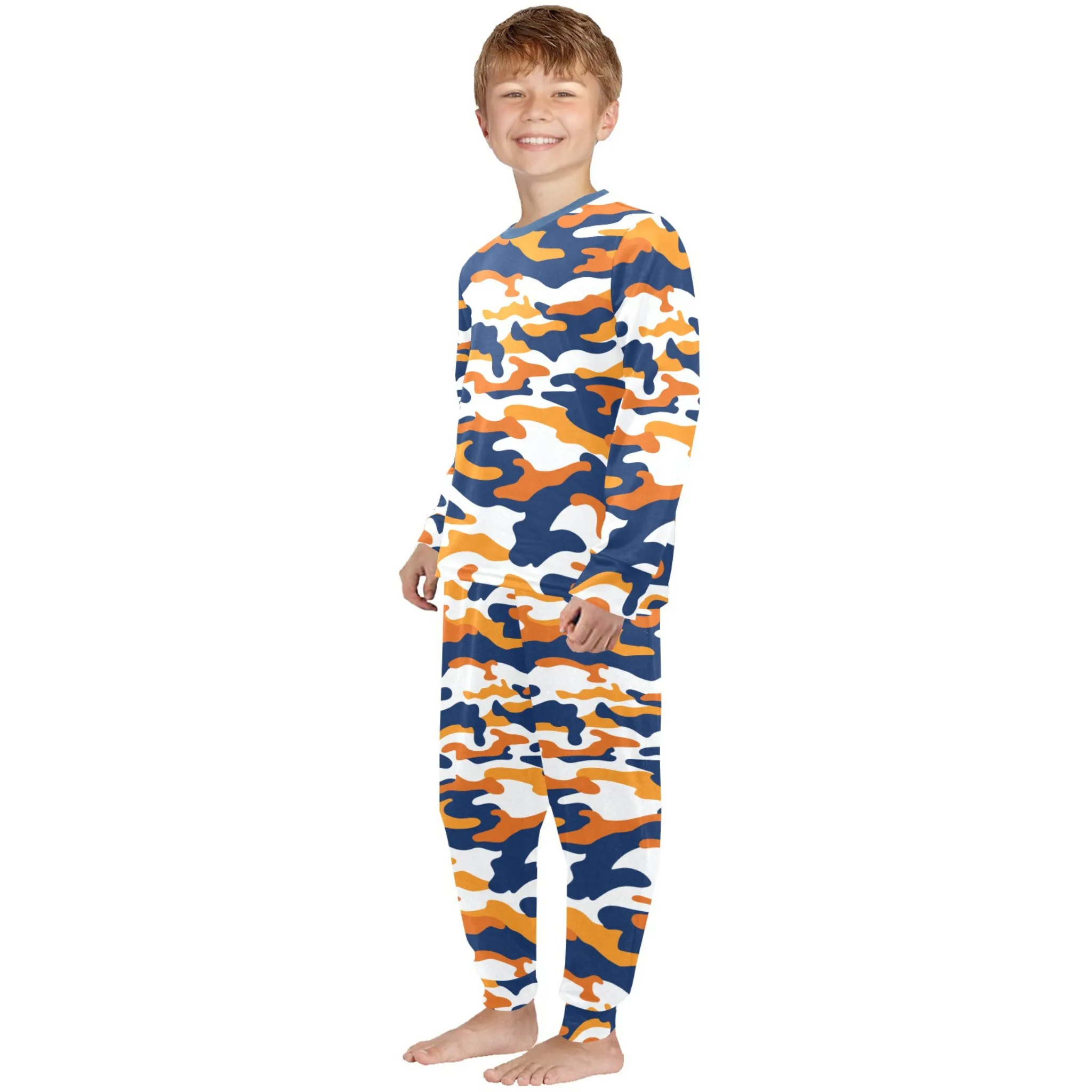 Orange Camo Boys' Pajama Set |  | Crew Neck Long Pajama Set | Soft Long Sleeve Sleepwear for Lounging and Relaxing