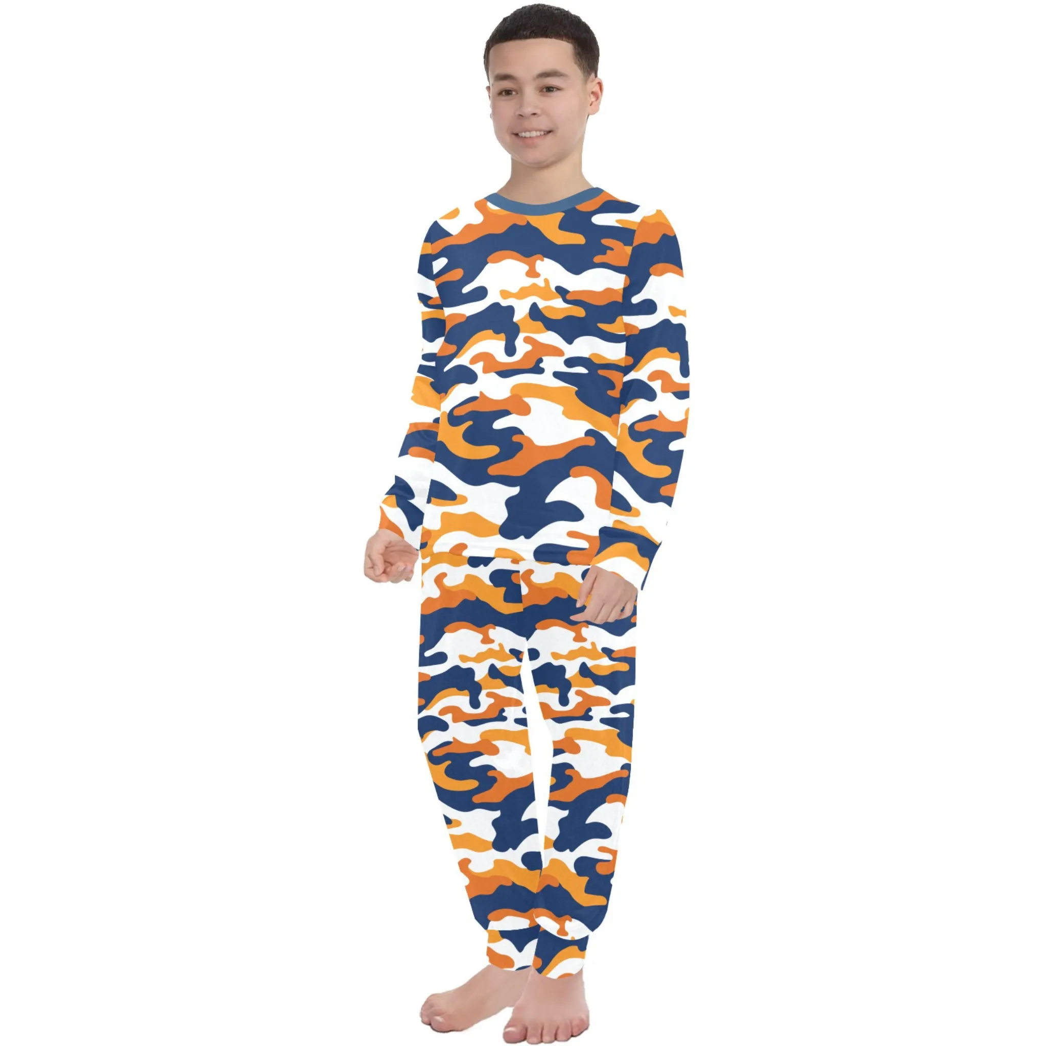 Orange Camo Boys' Pajama Set |  | Crew Neck Long Pajama Set | Soft Long Sleeve Sleepwear for Lounging and Relaxing