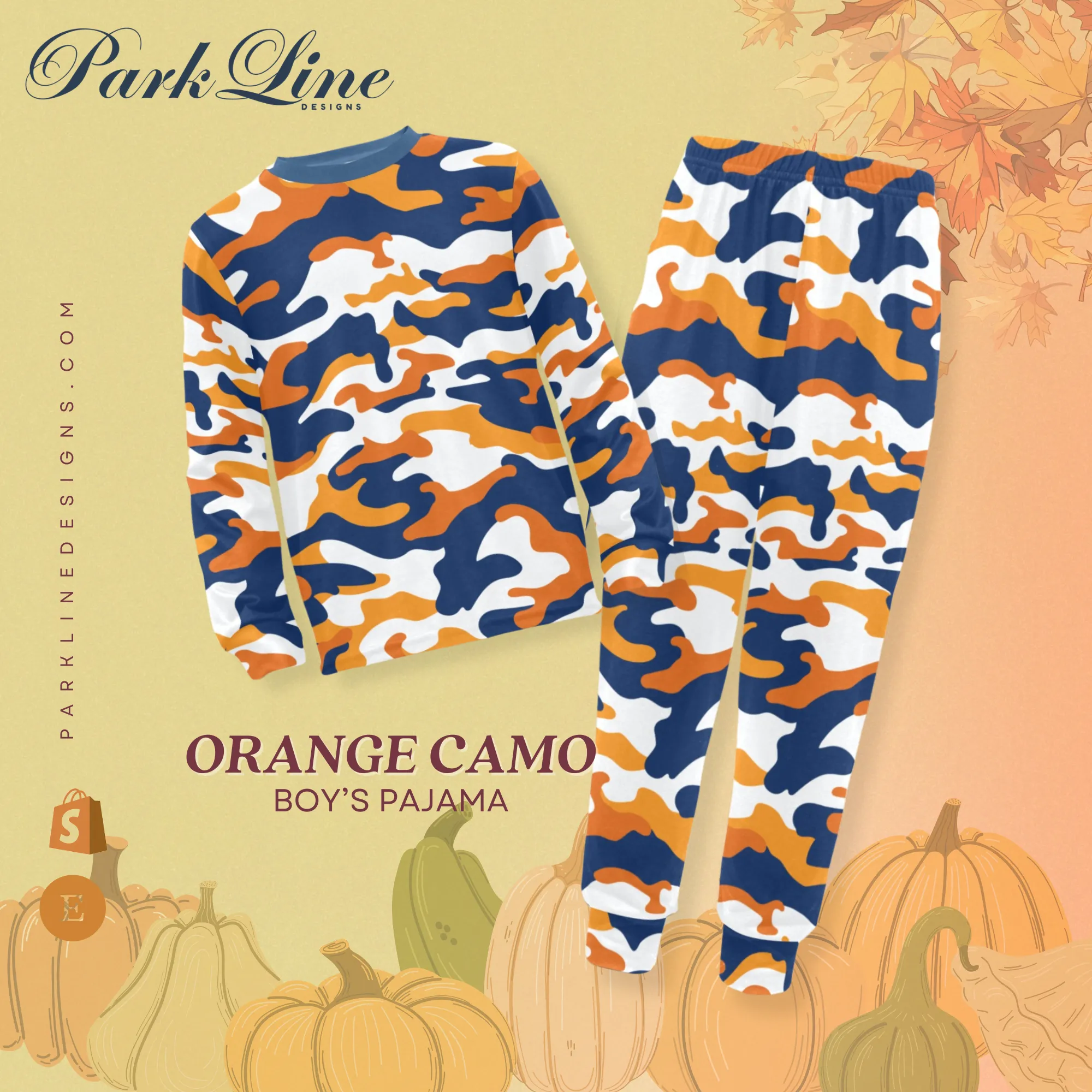 Orange Camo Boys' Pajama Set |  | Crew Neck Long Pajama Set | Soft Long Sleeve Sleepwear for Lounging and Relaxing