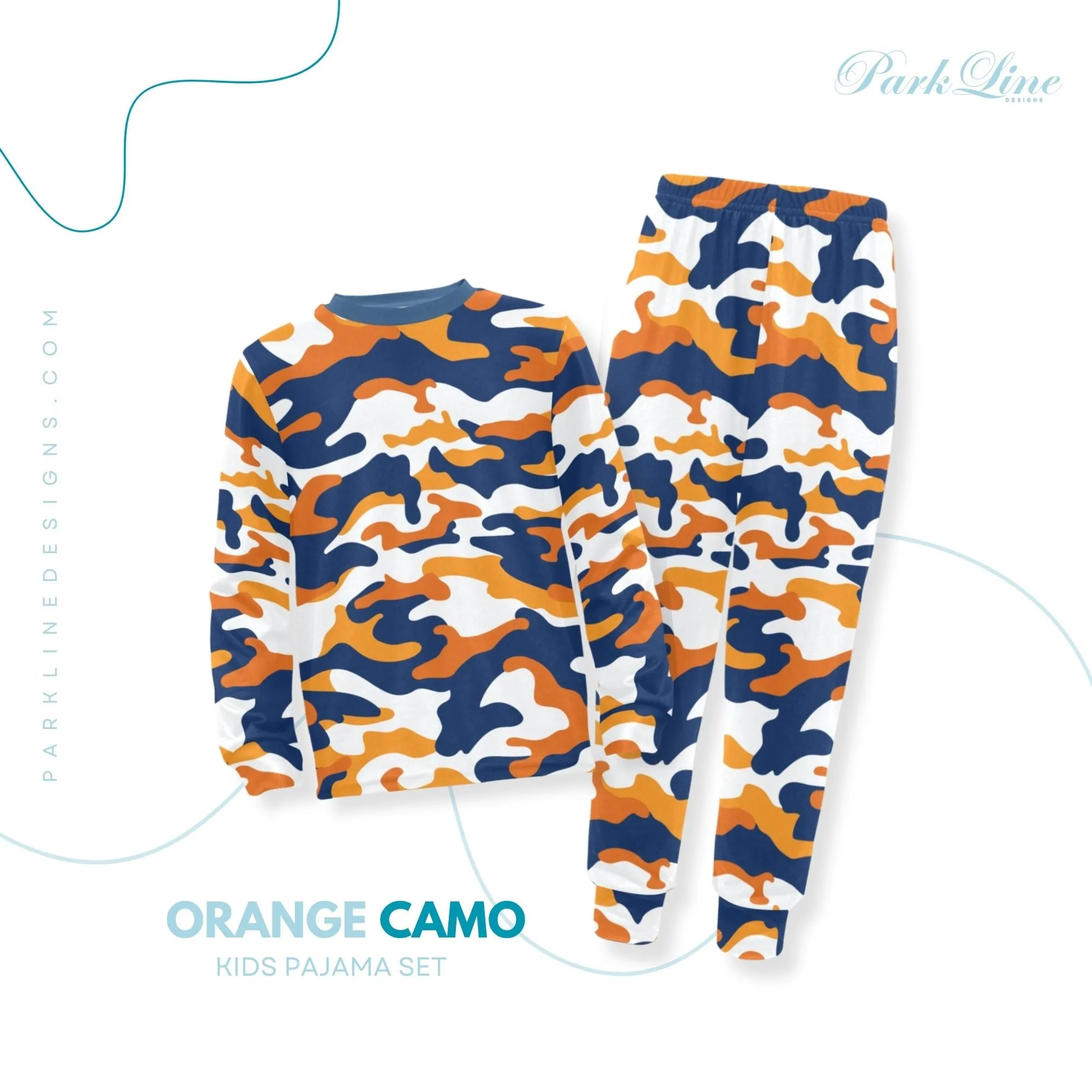 Orange Camo Boys' Pajama Set |  | Crew Neck Long Pajama Set | Soft Long Sleeve Sleepwear for Lounging and Relaxing