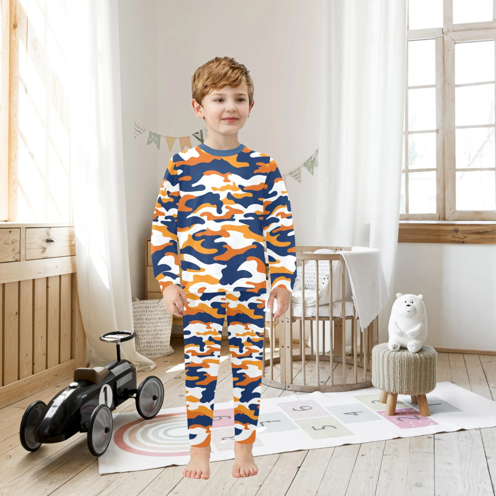 Orange Camo Boys' Pajama Set |  | Crew Neck Long Pajama Set | Soft Long Sleeve Sleepwear for Lounging and Relaxing