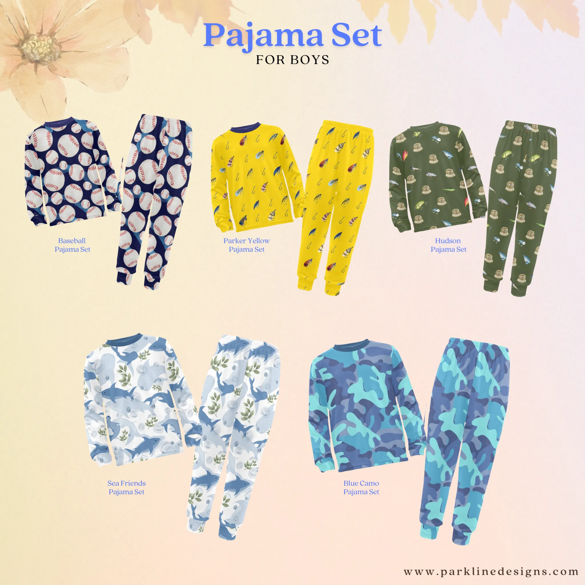 Orange Camo Boys' Pajama Set |  | Crew Neck Long Pajama Set | Soft Long Sleeve Sleepwear for Lounging and Relaxing