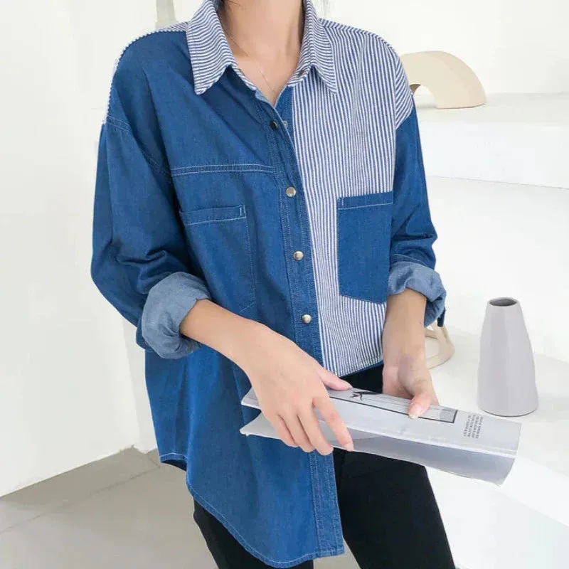 Patchwork Striped Denim Button Up Blouse Top