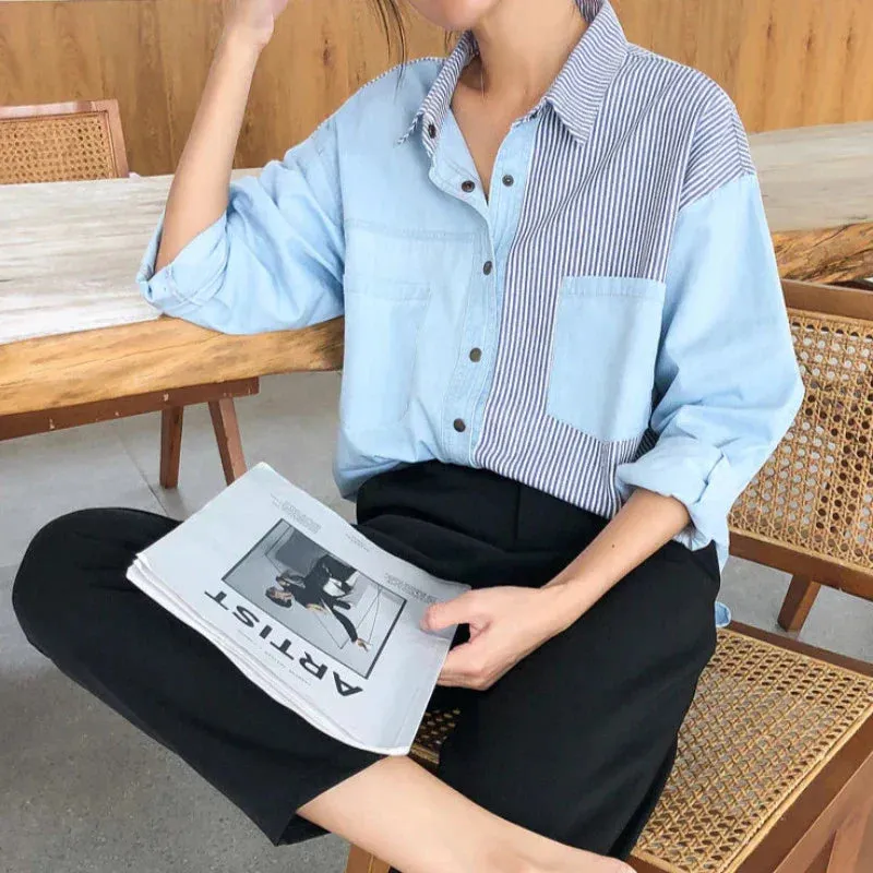 Patchwork Striped Denim Button Up Blouse Top