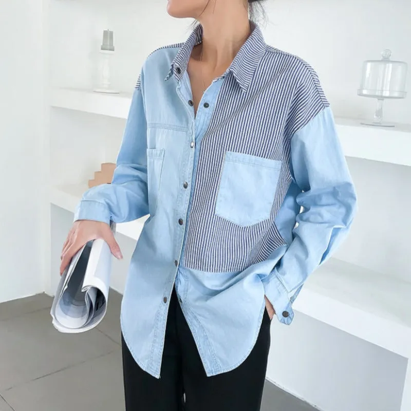 Patchwork Striped Denim Button Up Blouse Top