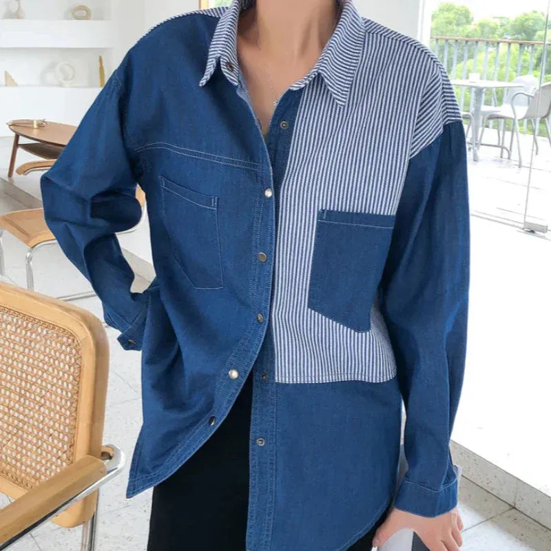 Patchwork Striped Denim Button Up Blouse Top
