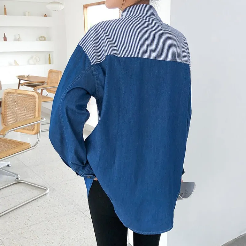 Patchwork Striped Denim Button Up Blouse Top
