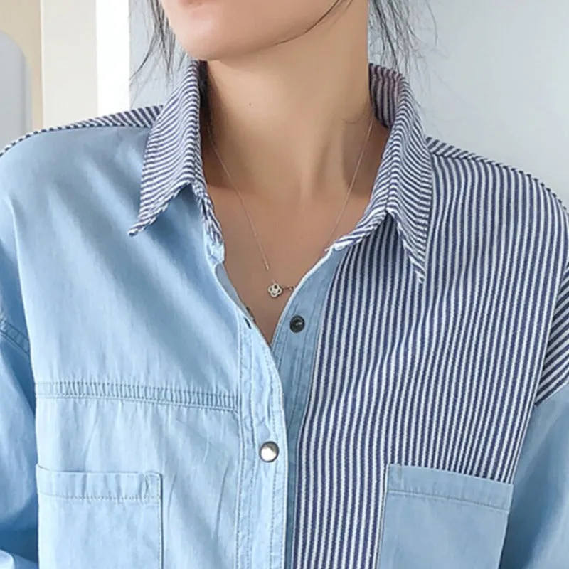 Patchwork Striped Denim Button Up Blouse Top