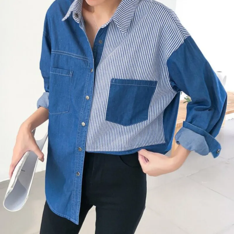 Patchwork Striped Denim Button Up Blouse Top