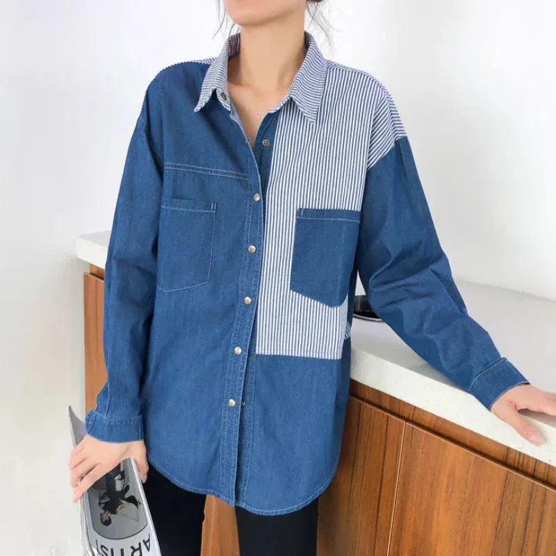 Patchwork Striped Denim Button Up Blouse Top