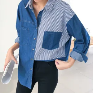 Patchwork Striped Denim Button Up Blouse Top