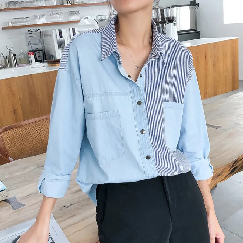 Patchwork Striped Denim Button Up Blouse Top