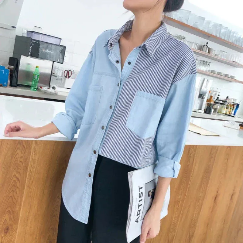 Patchwork Striped Denim Button Up Blouse Top
