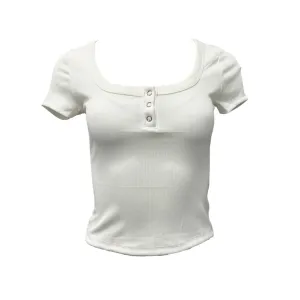 Perfect Tee 3 Snap Scoop Neck Ribbed Top - Ivory