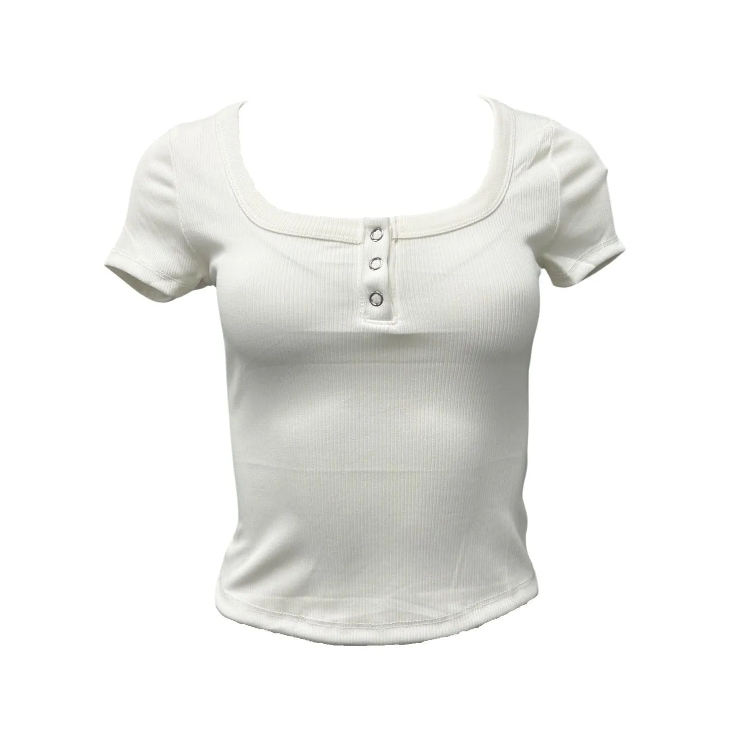 Perfect Tee 3 Snap Scoop Neck Ribbed Top - Ivory