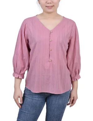 Petite 3/4 Sleeve Button Placket Jacquard Blouse