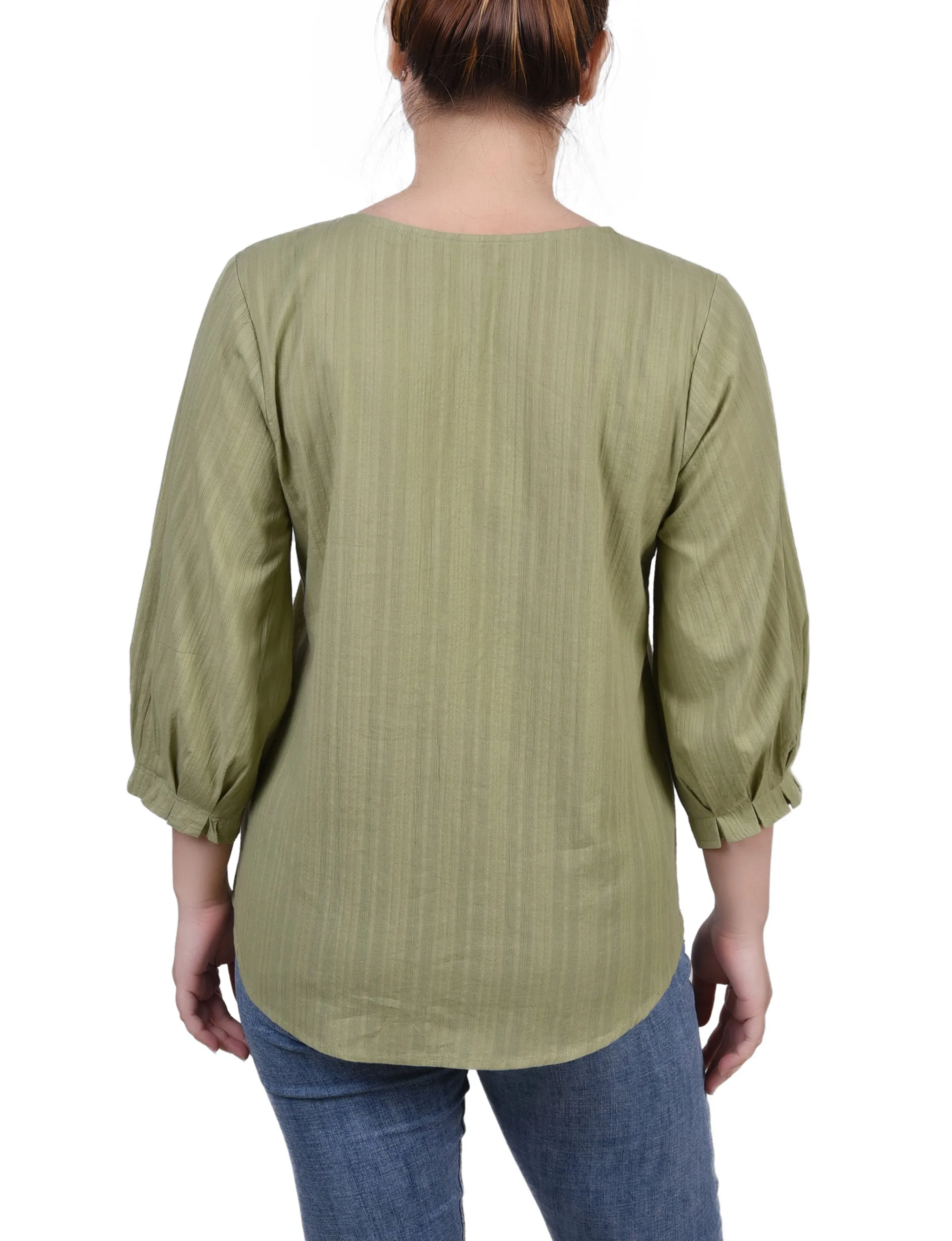 Petite 3/4 Sleeve Button Placket Jacquard Blouse