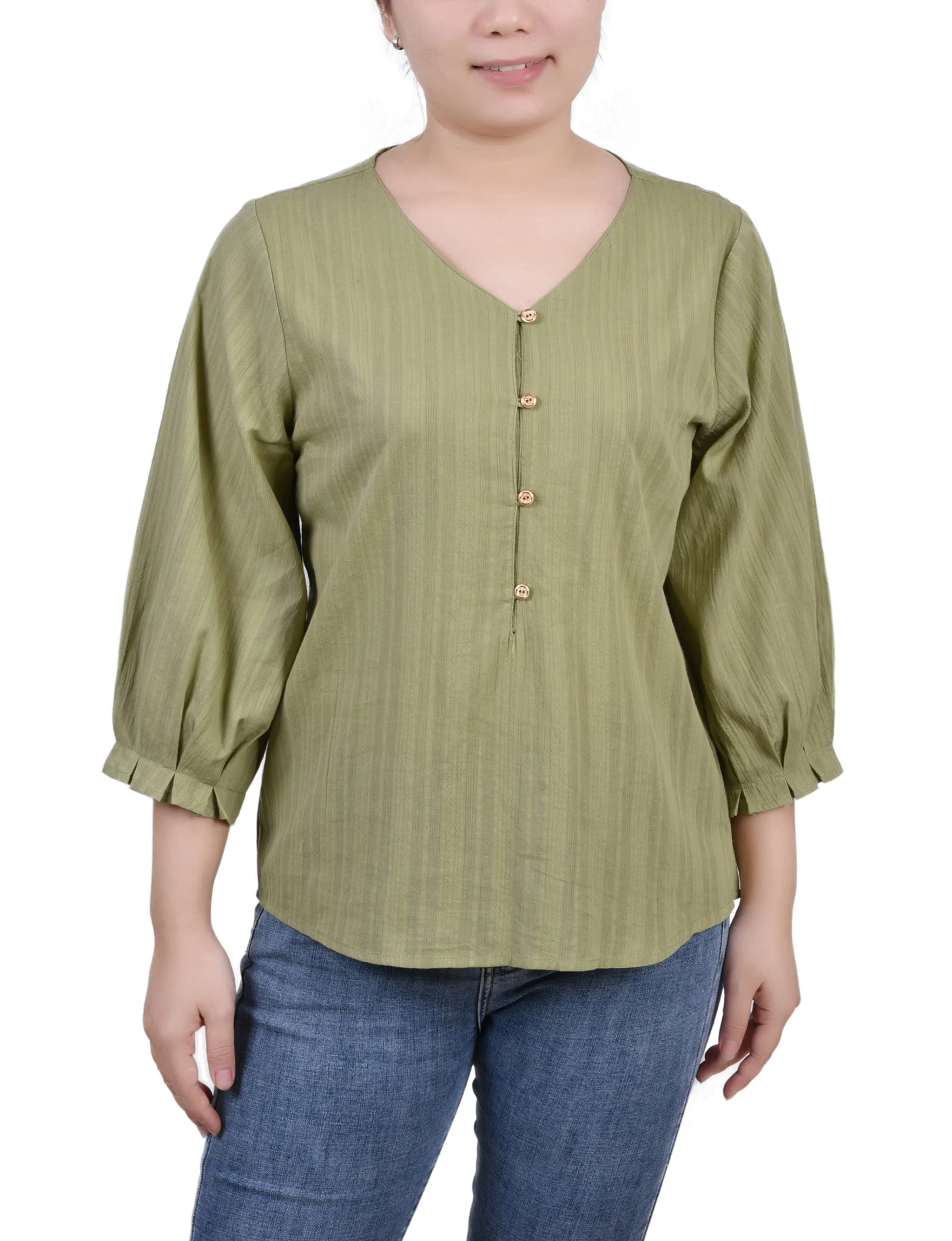 Petite 3/4 Sleeve Button Placket Jacquard Blouse