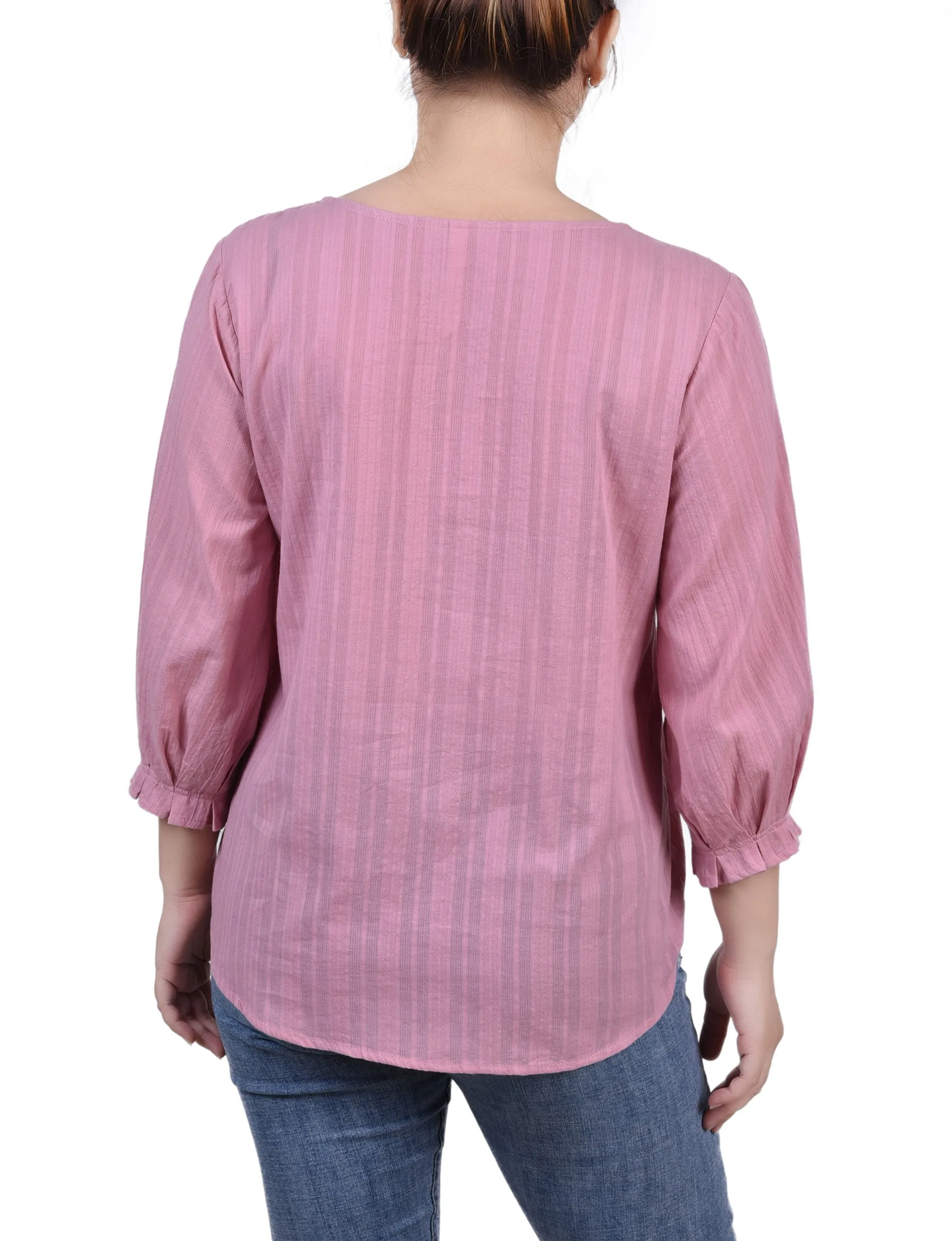 Petite 3/4 Sleeve Button Placket Jacquard Blouse