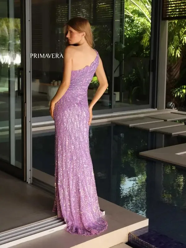 Primavera Couture 4133 Asymmetrical Neck And Back Sequins High Side Slit Formal Pageant Gown