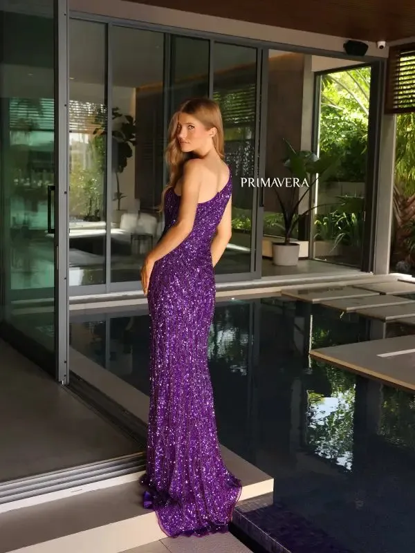 Primavera Couture 4133 Asymmetrical Neck And Back Sequins High Side Slit Formal Pageant Gown