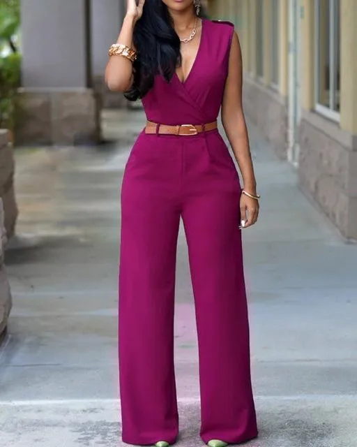 Purpdrank - New Women Jumpsuit Lady Sleeveless Romper Bodysuit Bodycon High-waist V-neck Wide-leg Pants Irregular Suit With Belt Playsuit
