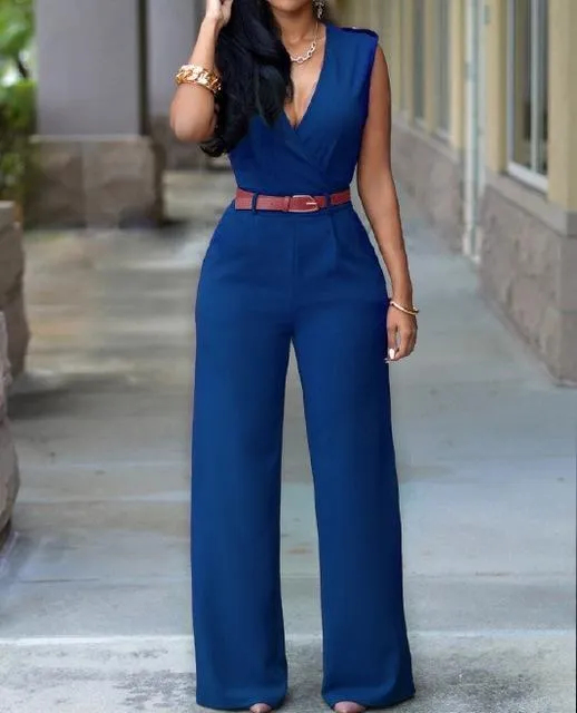 Purpdrank - New Women Jumpsuit Lady Sleeveless Romper Bodysuit Bodycon High-waist V-neck Wide-leg Pants Irregular Suit With Belt Playsuit