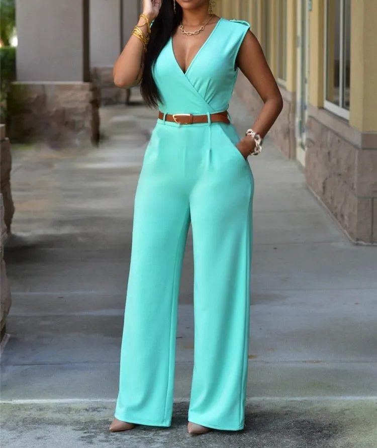 Purpdrank - New Women Jumpsuit Lady Sleeveless Romper Bodysuit Bodycon High-waist V-neck Wide-leg Pants Irregular Suit With Belt Playsuit