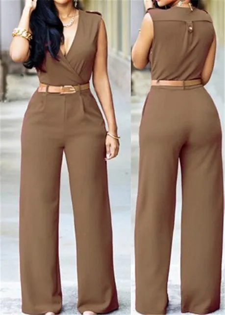 Purpdrank - New Women Jumpsuit Lady Sleeveless Romper Bodysuit Bodycon High-waist V-neck Wide-leg Pants Irregular Suit With Belt Playsuit