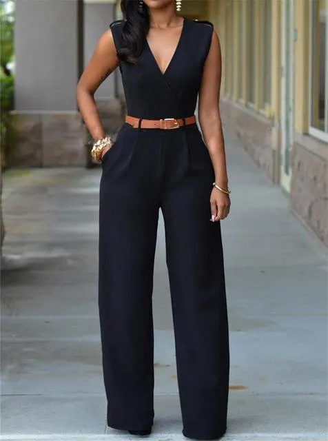 Purpdrank - New Women Jumpsuit Lady Sleeveless Romper Bodysuit Bodycon High-waist V-neck Wide-leg Pants Irregular Suit With Belt Playsuit
