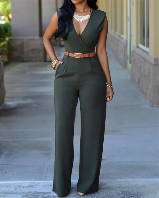 Purpdrank - New Women Jumpsuit Lady Sleeveless Romper Bodysuit Bodycon High-waist V-neck Wide-leg Pants Irregular Suit With Belt Playsuit