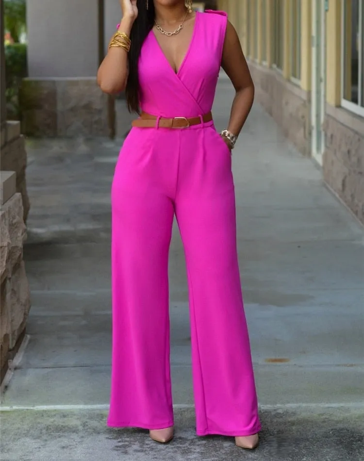 Purpdrank - New Women Jumpsuit Lady Sleeveless Romper Bodysuit Bodycon High-waist V-neck Wide-leg Pants Irregular Suit With Belt Playsuit
